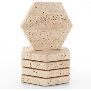 Hexagonal Travertine Marble Coaster Set of 5 Natural Beige Stone Home Decor